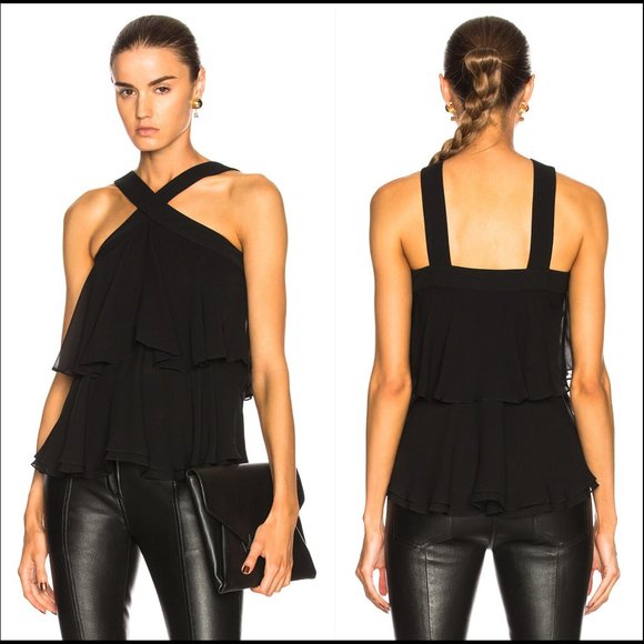 New ALC for Barneys New York Miro ruffle tiered layered cross halter silk blouse - Picture 2 of 5